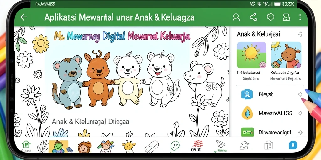 Screenshot aplikasi RAJAWALI55 menunjukkan fungsi mewarnai yang menarik dan interaktif.
