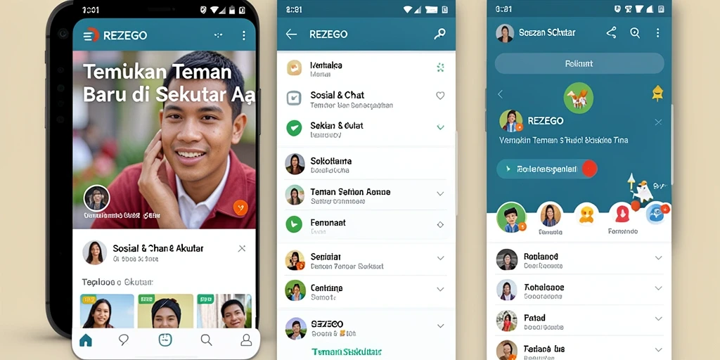 Tampilan antarmuka pengguna REZEGO untuk berkenalan dengan teman baru.