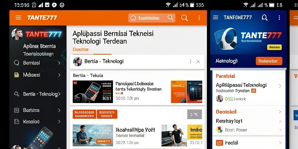 Antarmuka modern aplikasi TANTE777 menampilkan berita teknologi terbaru.